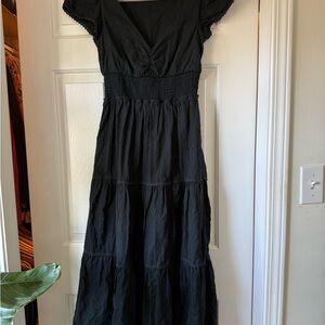 PAIGE Soledad Dress Black – Smocked Waist Tiered Midi (XS)